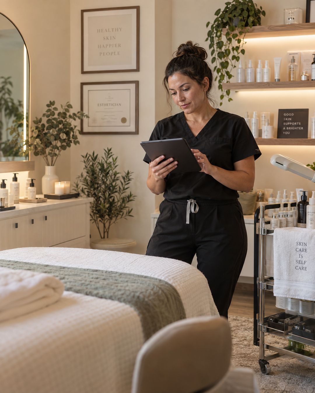 A solo esthetician at a treatment-room counter in warm daylight.