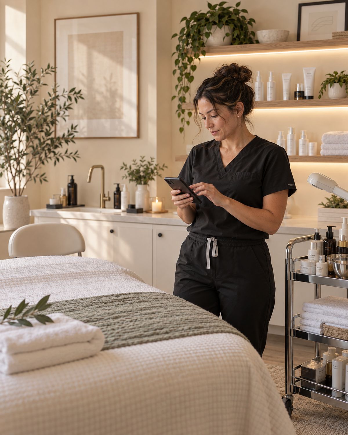 An esthetician checking her phone beside a treatment bed in a bright studio.